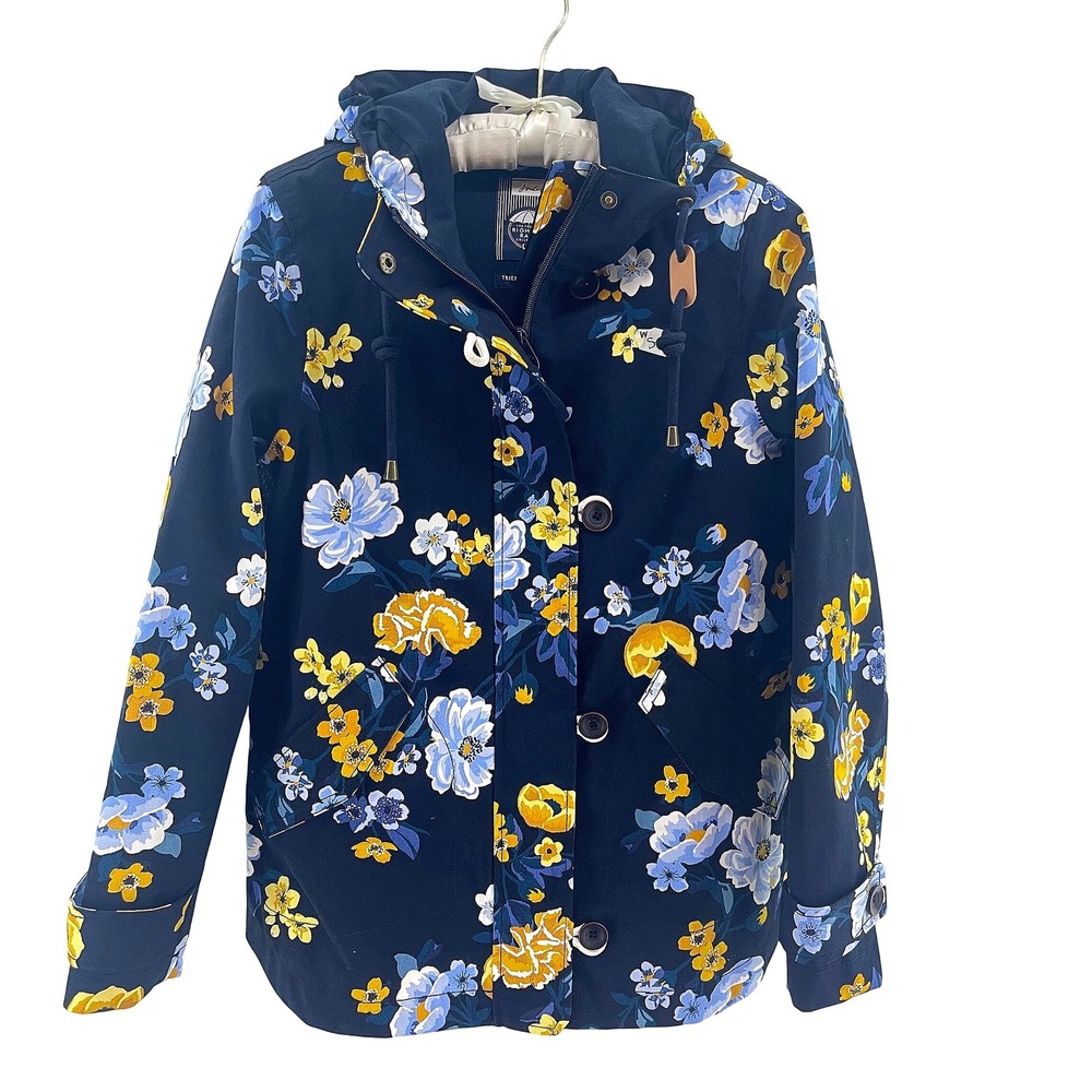 Joules Right as Rain Floral Raincoat Womens US 2 Navy Blue Waterproof Hooded
